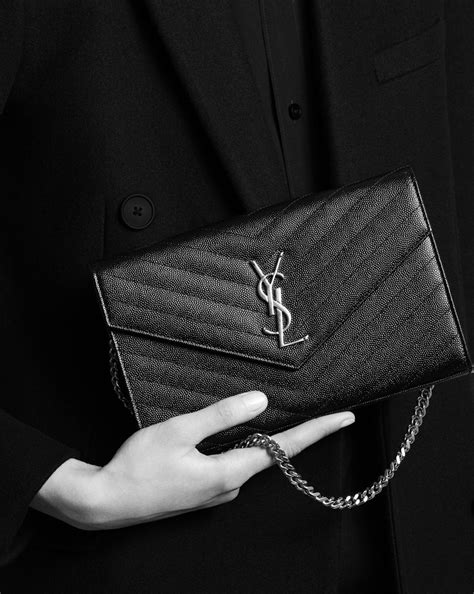 ysl monogram chain wallet in grain de poudre embossed leather|YSL monogram quilted wallet.